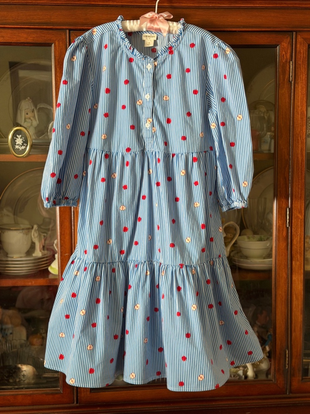 J. Crew Crewcuts Blue Striped Dress with Red & Cream apples girls size 10